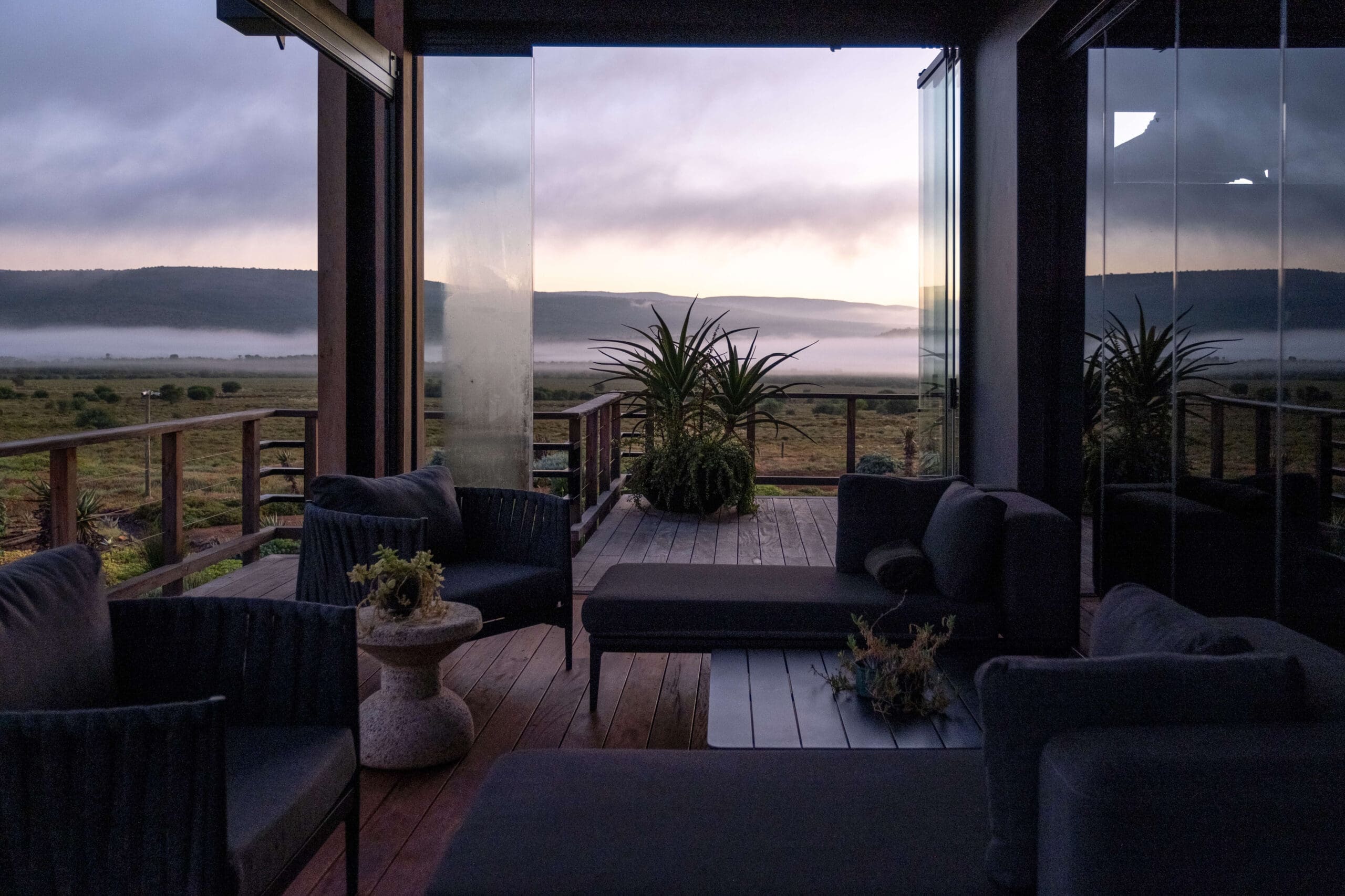 Misty scene unfolds outside, view from the deck.