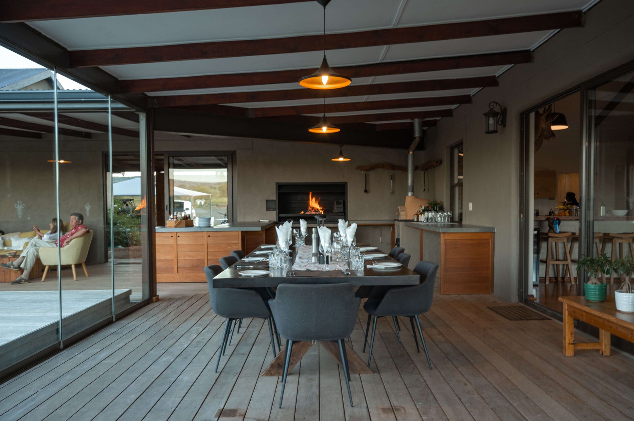 Elegant dinner setting on a picturesque outdoor patio.
