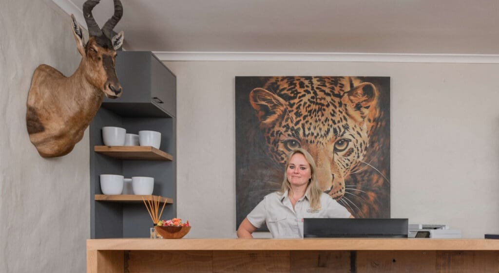 Carene, a friendly face to welcome guests at the Ubuninzi Hunting Safaris reception.
